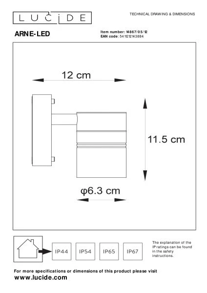 Lucide ARNE-LED - Wall spotlight / Wall light Indoor/Outdoor - Ø 6,3 cm - LED - GU10 - 1x5W 2700K - IP44 - Satin Chrome - technical